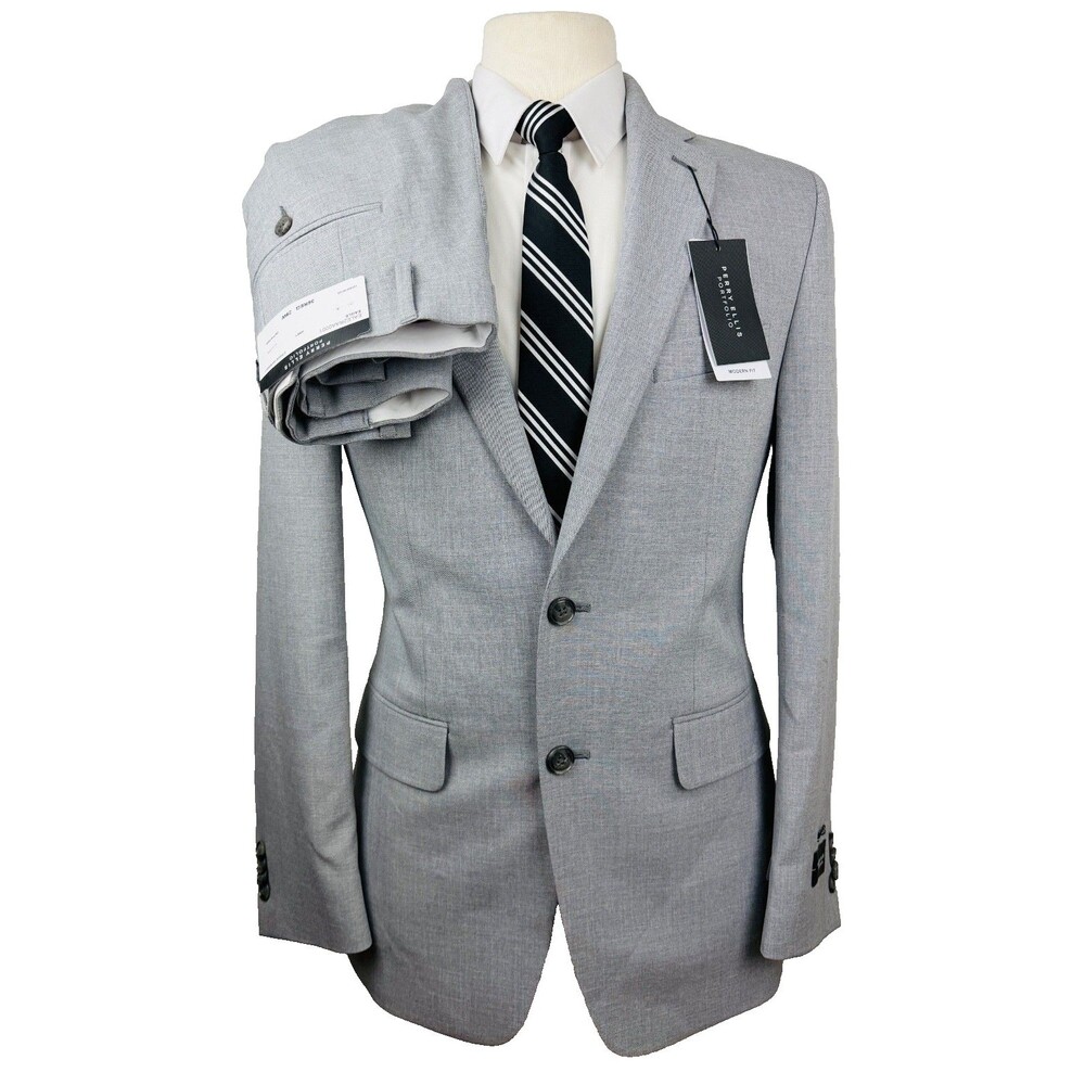 $395 NEW PERRY ELLIS MENS 36R SOLID GRAY 2 PIECE SUIT WITH DRESS PANTS 29X32